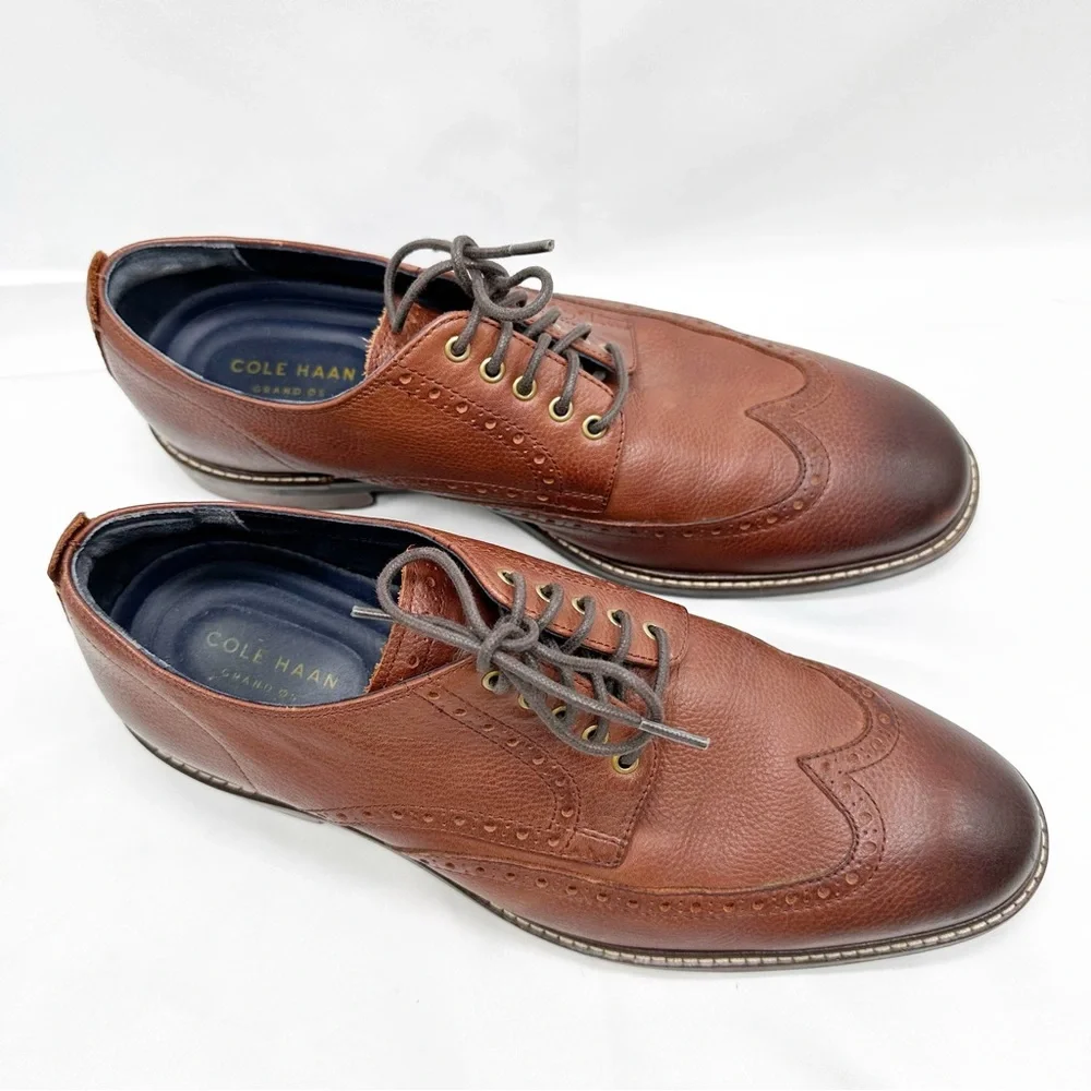 Cole Haan Men's Grand.Os Watson Brown Pebble Leather Wingtip Oxford Shoes 10 M